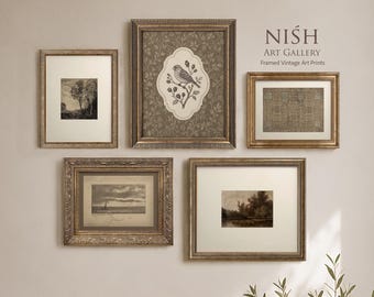 Set of 5 Framed Vintage Art Prints, Neutral Gallery Wall Decor