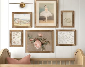 Farmhouse Nursery Wall Art Set: Ballerina & Floral Gold Frames
