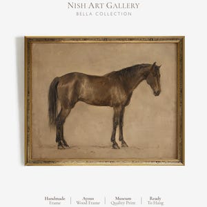 May include: A framed wall art print featuring a brown horse in profile against a neutral beige background. The artwork is enclosed in a decorative gold-toned wooden frame. Text at the top reads NISH ART GALLERY BELLA COLLECTION.
