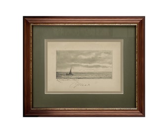 Seascape Framed Sketch Art, Vintage Framed Wall Art, Sage Green Matted, Antique Sailboat Drawing, Transitional Home Decor, Sailor Gift #158