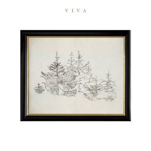 Framed Vintage Christmas Print, Pine Tree Sketch Vintage Framed Painting, Framed Christmas Wall Art, Christmas Gifts #248