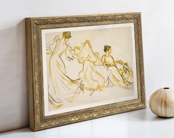 Vintage Art Framed, Housewarming Gift, Vintage Drawing, Women Dancing Sketch, Simple Neutral Art Digital, Gold Framed, Giclee Art Print #11