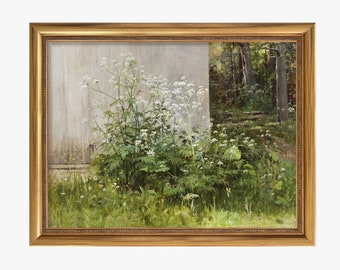 Vintage Art Framed, Cottagecore Wall Decor, Spring Wildflower Landscape Print, Country Green Meadow Oil Painting, Gold and Black Framed #240