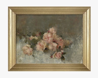 Vintage Framed Flower Print | Pink Roses Painting Print | Cottage Wall Art Decor | Country Botanical Art Print #143