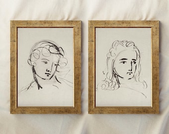 Conjunto enmarcado vintage de 2, impresiones de arte de bocetos de pareja, retrato minimalista de hombre mujer, dibujo lineal, marco dorado adornado, regalo de inauguración de la casa #258