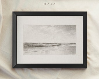 Seascape Sketch I, Vintage Art Framed, Landscape Drawing, Country Decor, Sketch Etching Decor, Black and Gold Framed, Art Print #125