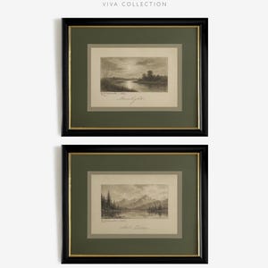 May include: Two framed landscape prints from the Nish Art Gallery Viva Collection. Each features a black wood frame with gold inner trim, a dark olive green mount, and a monochromatic sketch of a natural scene titled Moonlight and Still Waters.
