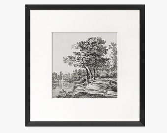 Vintage Art Square Framed Matted, Black and White Forest, Tree Drawing Wall Art Print, Tree Etching Sketch Art, Transitional Home Decor #56