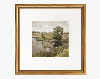 Gold Framed Art Print, Green Meadow Landscape Oil Painting Print, Square Gold Frame, Matte Frame, Transitional Decor, Housewarming Gift #105