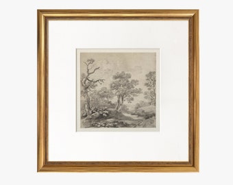Vintage kunst ingelijst gematteerd, boom kunst aan de muur print, boslandschap tekening, boom schets kunst, vierkante gouden lijst, decoratie overgangshuis #9