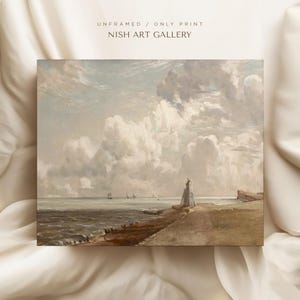 May include: A painting of a seascape with a lighthouse on a rocky shore. The sky is filled with fluffy white clouds and the sea is a calm blue. The painting is in a muted color palette and has a vintage feel.