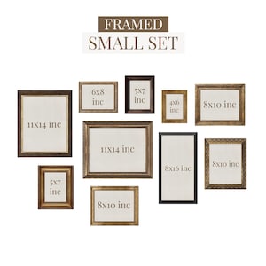 May include: A collection of framed art in various sizes, including 11x14 inch, 8x10 inch, 6x8 inch, 5x7 inch, 4x6 inch, and 8x16 inch frames. The frames have different styles and colors, with some featuring ornate details.