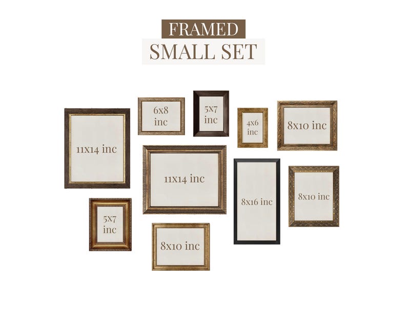 May include: A collection of framed art in various sizes, including 11x14 inch, 8x10 inch, 6x8 inch, 5x7 inch, 4x6 inch, and 8x16 inch frames. The frames have different styles and colors, with some featuring ornate details.
