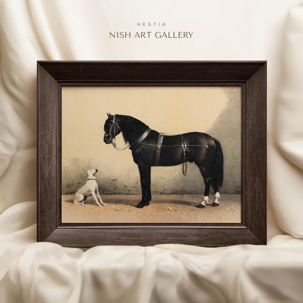 Impresión enmarcada de caballo y perro negro: Arte de pared rústico vintage de granja n.° 2