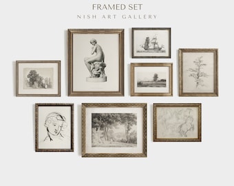 INGELIJST Vintage Sketch Wall Art Set, Neutral Gallery Wall Set, Tekening Print Set, BeigeTones, Decor van de boerderij, Wanddecoratie, Ingelijste printset