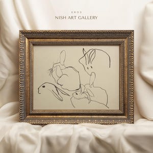 Vintage Frame Art, Rabbit Drawing, Nursery Art Framed, Antique Sketch, Minimal Animal Art, Gold Framed, Wall Decor, Housewarming Gift #224