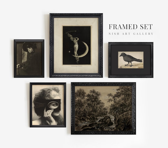 Framed Dark Moody Wall Art Prints: Set of 5