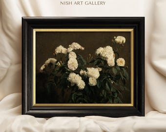May include: A framed painting of white roses against a dark brown background. The painting is titled "Zeus" and is from the "Nish Art Gallery".