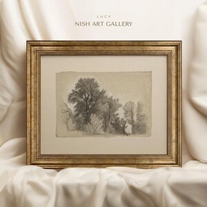 May include: A framed black and white pencil drawing of a forest scene with trees and foliage. The frame is gold with a decorative border. The title "LUCY NISH ART GALLERY" is printed at the top of the frame.