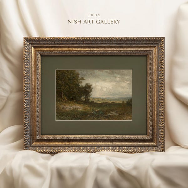 Framed Vintage Landscape Art Print: Green Matted Wall Decor #486