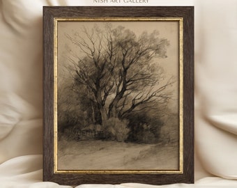 Stampe d'arte lunatiche scure INCORNICIATE / Arte schizzo di un albero / Stampa di pittura di paesaggio vintage verticale / Foresta rustica / Arte della parete scura / Arredamento cabina