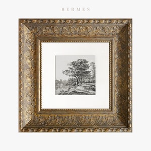 May include: A black and white landscape print of a tree and a river, framed in a gold ornate frame with a white mat.