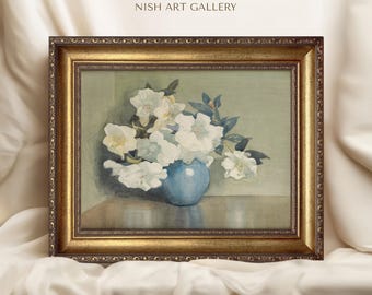額装されたヴィンテージ花柄プリント：花瓶に入った白い花、複製画