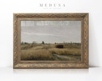 Vintage Frame Art, Muted Landscape Framed Art Print, Neutral Wheat Fields Painting, Farmhouse Wall Decor, Housewarming Gift #201