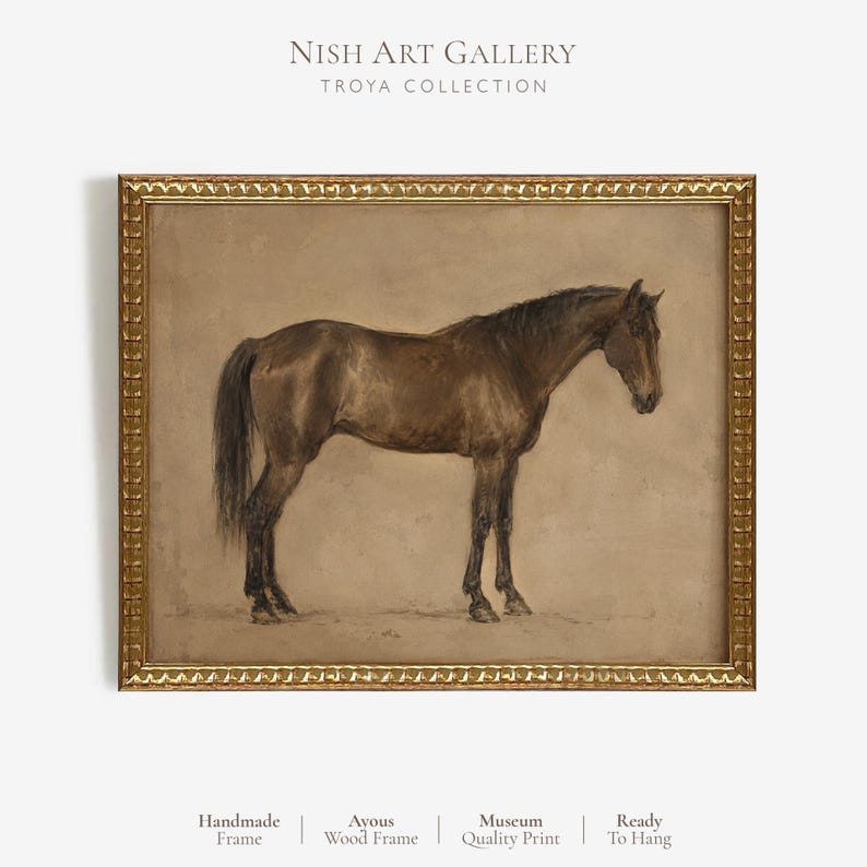May include: A framed art print featuring a brown horse in profile, set against a neutral beige background. The artwork is enclosed in an ornate, textured gold-colored frame. Text at the top reads NISH ART GALLERY TROYA COLLECTION.