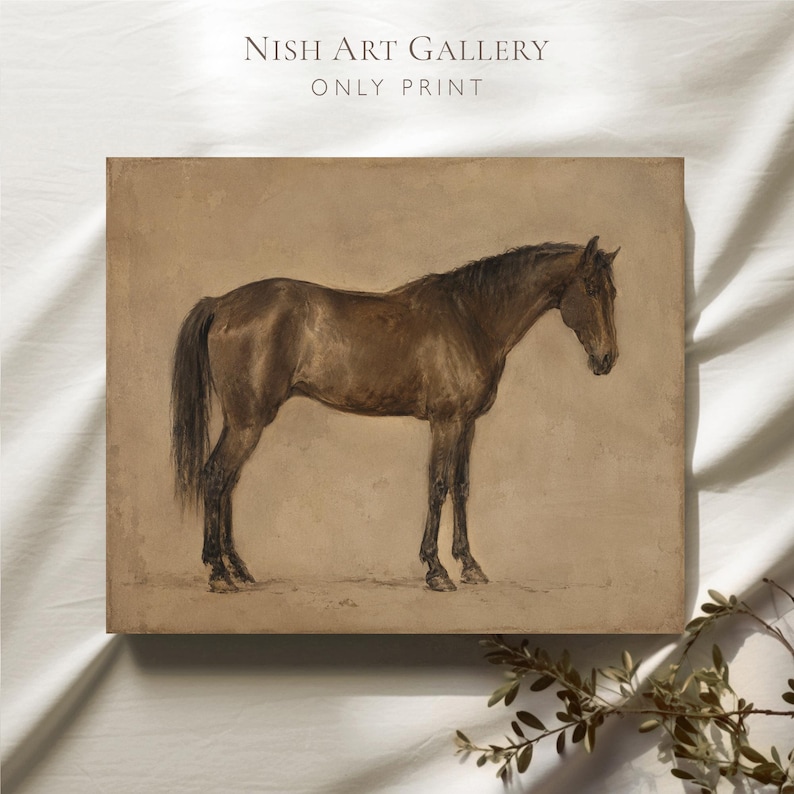 May include: A rectangular art print featuring a brown horse standing in profile against a muted beige background. The text NISH ART GALLERY ONLY PRINT is visible at the top. The horse is rendered in dark brown tones with a long tail and mane.