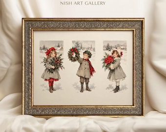 Vintage Christmas Children Framed Print, Holiday Wreath Wall Art, Winter Cottage Farmhouse Decor