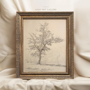 Framed Vintage Print, Tree Sketch Wall Art, Neutral Wall Hanging, Transitional Design, Modern Farmhouse Decor, Housewarming Gift #42