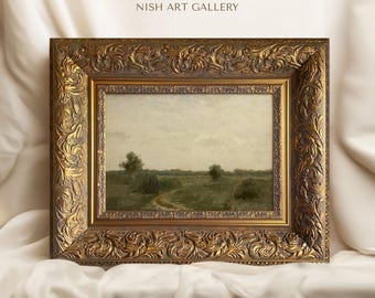 額装された田園風景画：アンティークレプリカ、装飾的な金色の額縁 #98