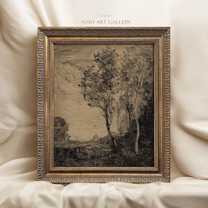 Dark Moody Vintage Framed Art Prints, Tree Sketch Art, Forest Wall Art Frame, Antique Botanical Drawing, Rustic Wall Decor #163