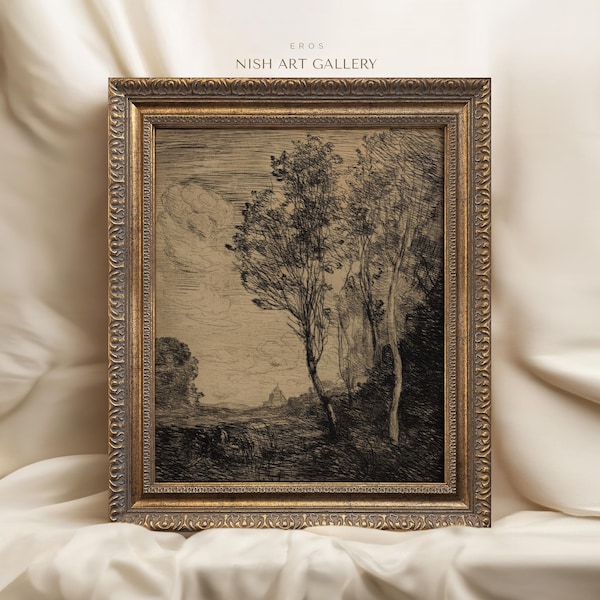 Vintage Framed Tree Sketch Art Print: Moody Forest Wall Decor #163