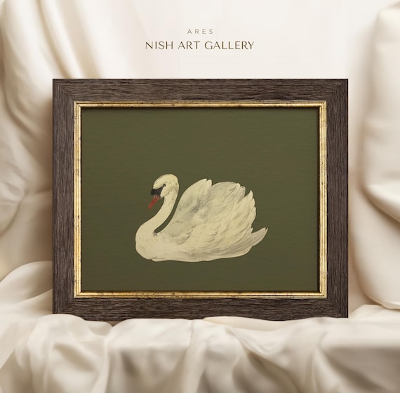 Framed Vintage Swan Art Print: Green Tones, Antique Animal Decor