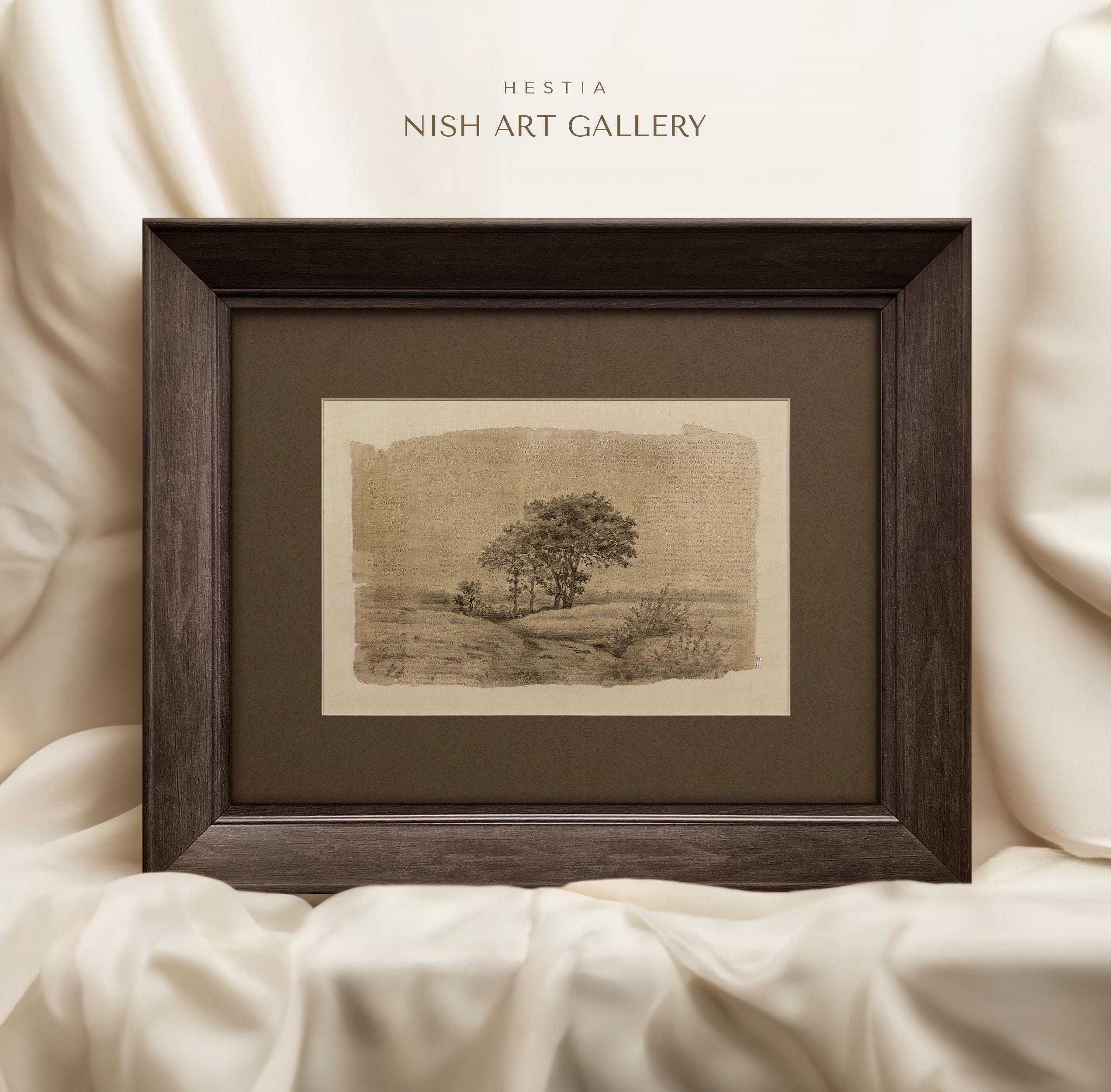 額入り木のスケッチアートプリント：ヴィンテージファームハウス