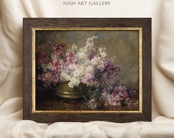May include: A framed oil painting depicting a bouquet of white, pink, and purple flowers in a metallic bowl. The frame is dark brown wood with a thin gold inner border. Above the painting, the text reads ARES NISH ART GALLERY.