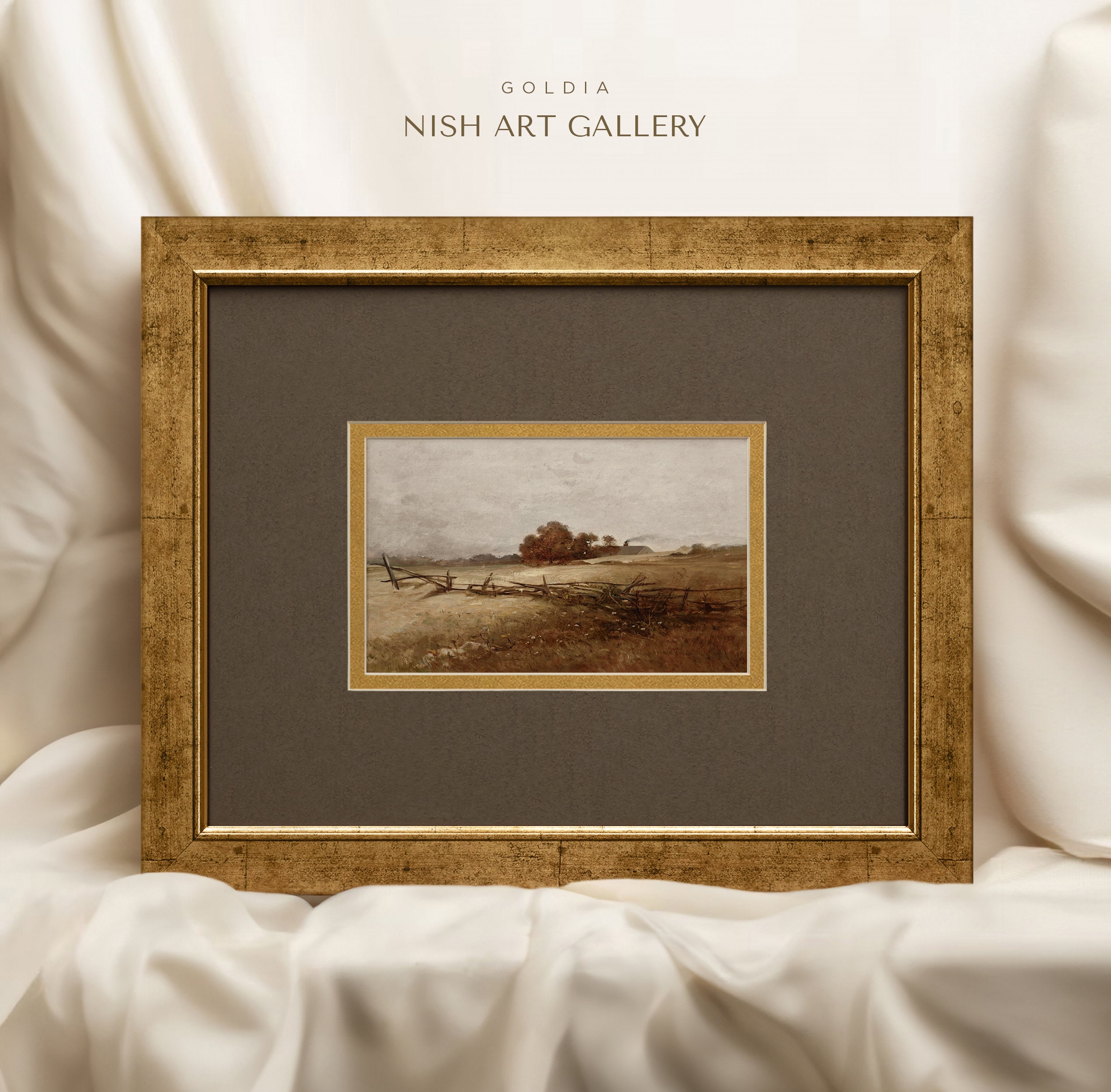 ヴィンテージ風景画：ゴールドマット仕上げのアンティークウォール