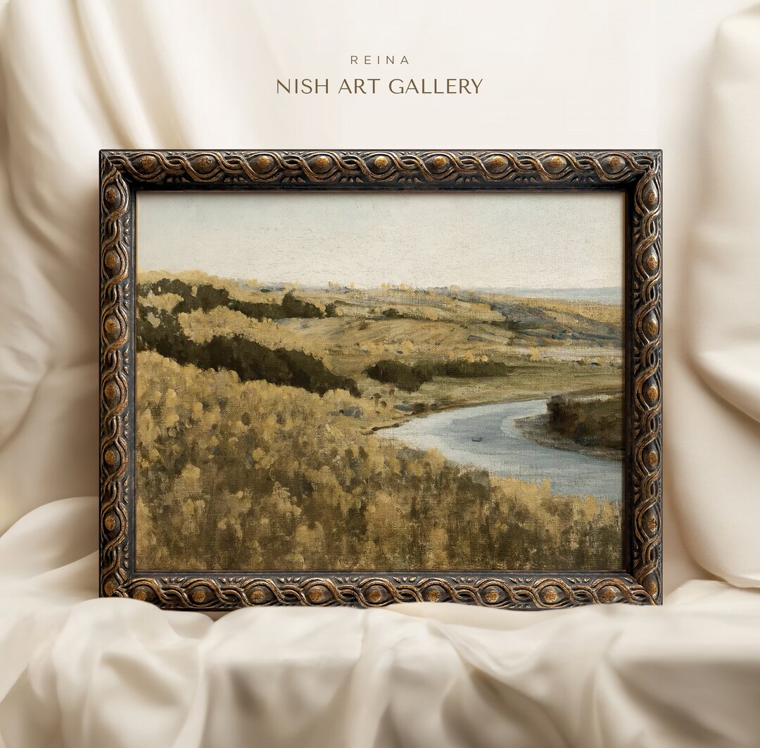 Vintage Landscape Art Print FRAMED Country River Oil Painting Print