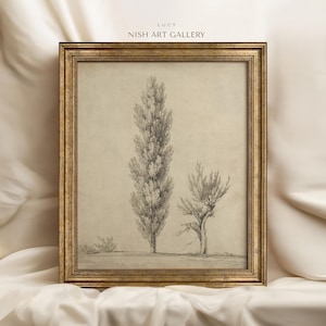 Vintage Art Framed | Beige Tree Drawing Print | Antique Tree Etching Wall Art | Rustic Neutral Sketch Print | Vintage Wall Decor #182