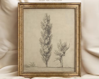 Impresión enmarcada de un árbol beige: Arte de pared rústico vintage n.° 182
