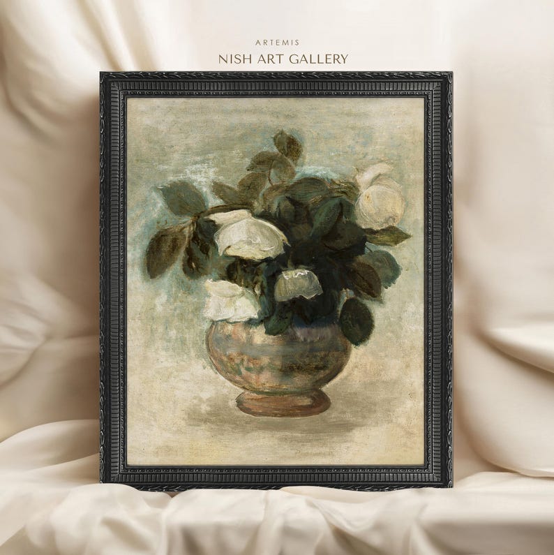 Vintage White Rose Framed Print: Antique Floral Still Life #281 ARTEMIS