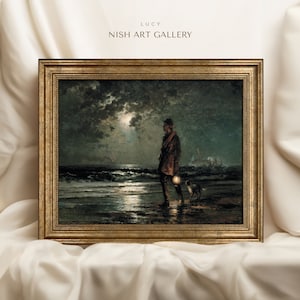 May include: A framed painting depicting a man walking a dog on a beach at night. The man is wearing a dark coat and hat, and is holding a lantern. The dog is a small, white breed. The painting is set against a dark, stormy sky with a full moon shining brightly in the distance.