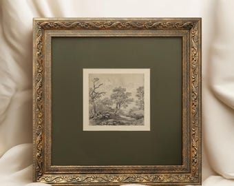 Vintage Framed Tree Print: Forest Landscape Drawing, Gold Frame
