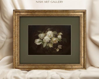May include: A framed painting of white roses on a dark backdrop, presented in a gold ornate frame with a green mount. The text "LUCY NISH ART GALLERY" is visible at the top of the frame.