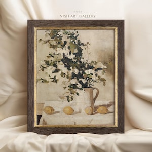 Vintage Art Prints Framed, White Flower Vase Art Print, Neutral Still Life Oil Painting, Farmhouse Kitchen Art, Still Life Framed Print #8