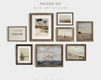 SET di 8 pareti della Galleria costiera, set di arte da parete neutra INCORNICIATO, set di stampe di dipinti sul mare, toni beige, arredamento per la casa sulla spiaggia, regalo marinaio