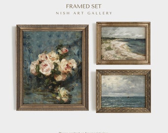 Vintage Gallery Wall Art Set van 3, INGELIJSTE muurafdrukken, stilleven - zeegezicht schilderij print, gouden frameset, blauwe tinten, housewarming cadeau