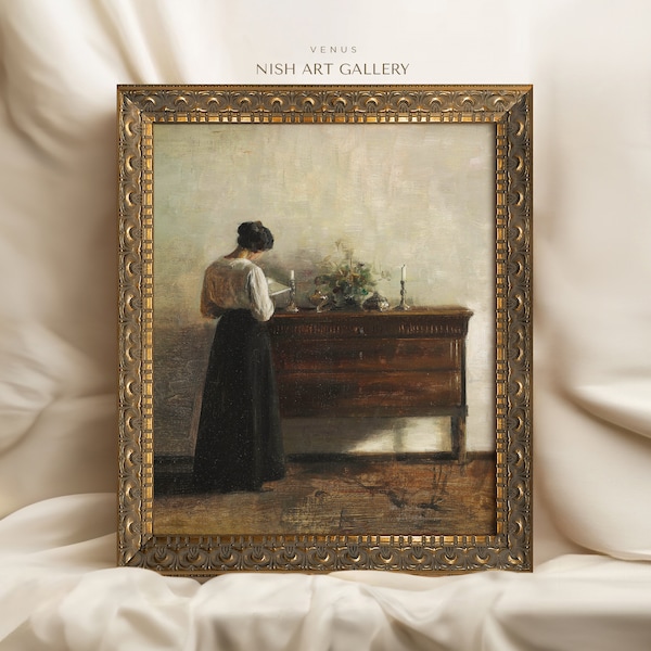 Framed Woman Portrait Print: Vintage Farmhouse Decor, Ornate Gold Frame #115